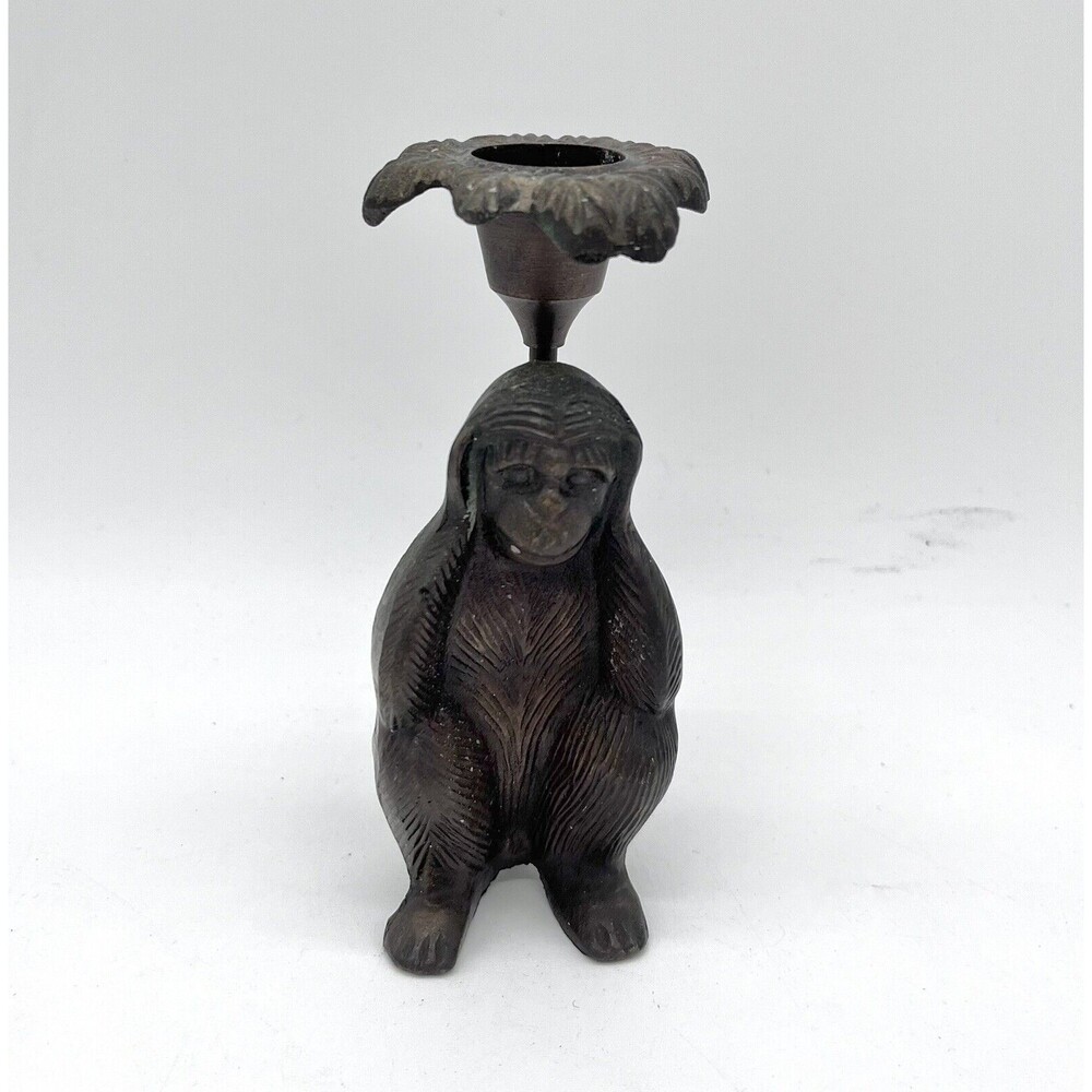 VTG Solid Brass Monkey Covering Ears 'Hear No Evil' Taper Candlestick Holder 5"